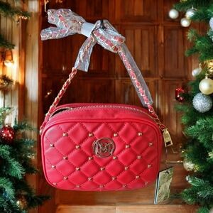 Badgley Mischka Red Quilted Crossbody Bag with Gold Accents New